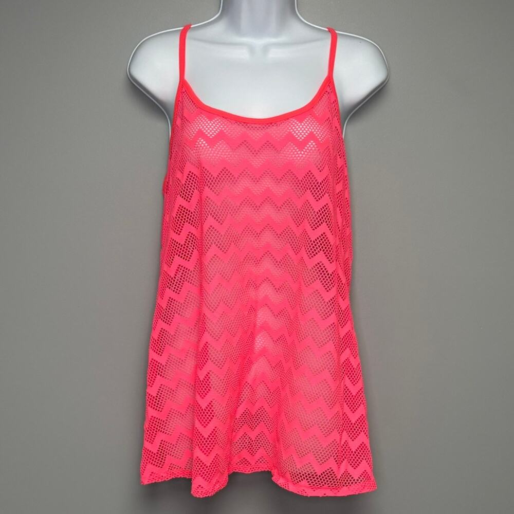 PINK Victoria's Secret Neon Pink Mesh Zig Zag Stripe‎ Beach Cover-Up Tank Sz L
